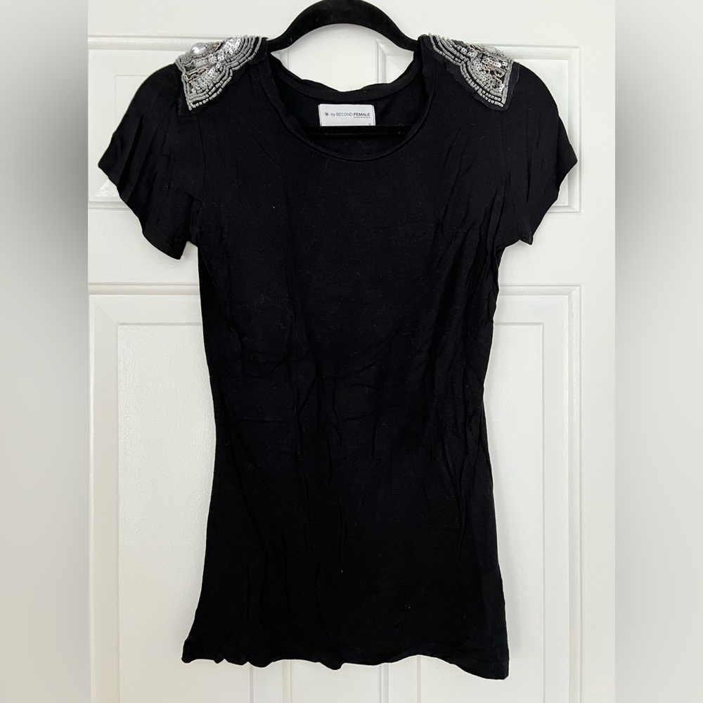 Beaded Shoulder Black Short-Sleeve Tee by Rebecca Taylor